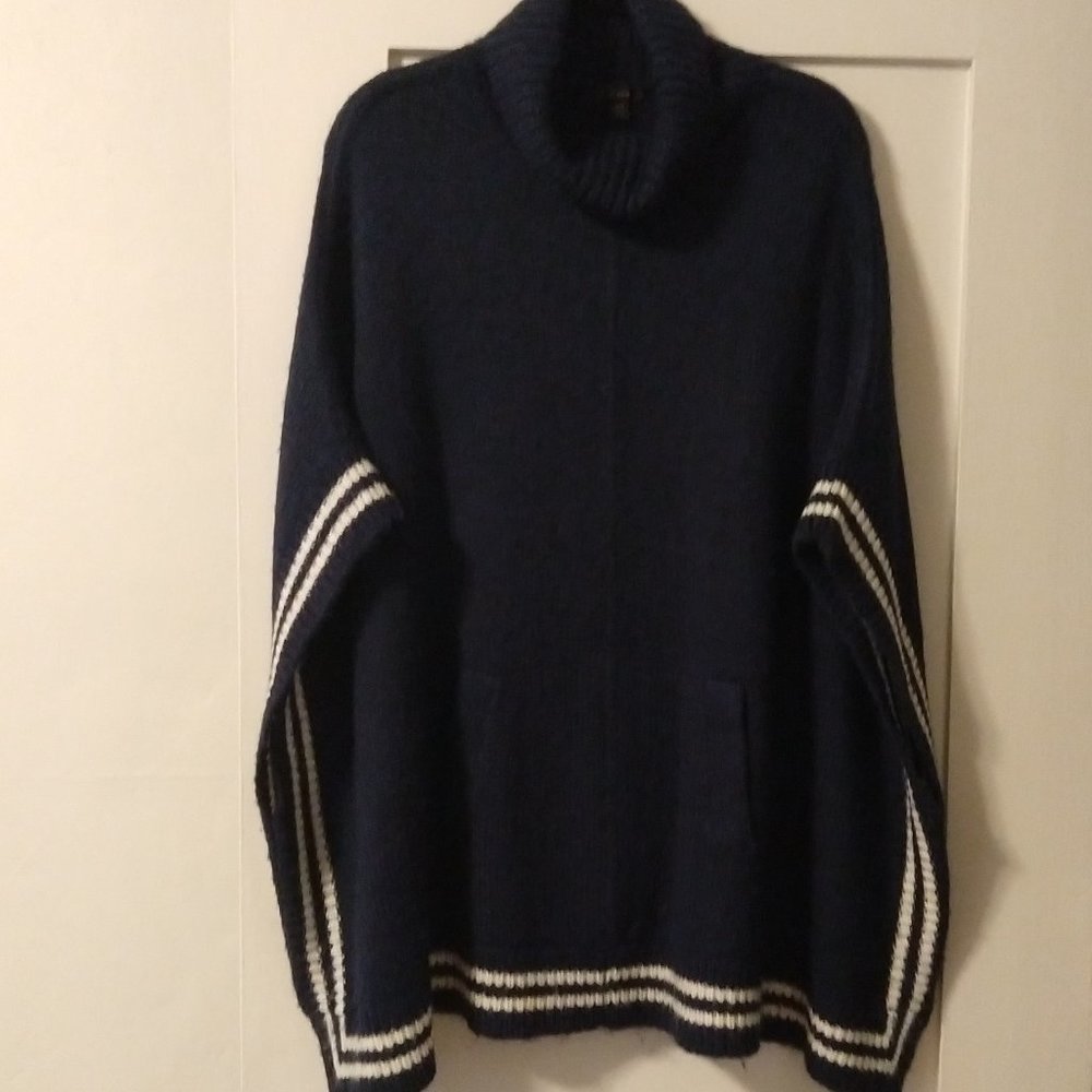 J. Crew Navy and White Wool Blend Poncho - Size S/M